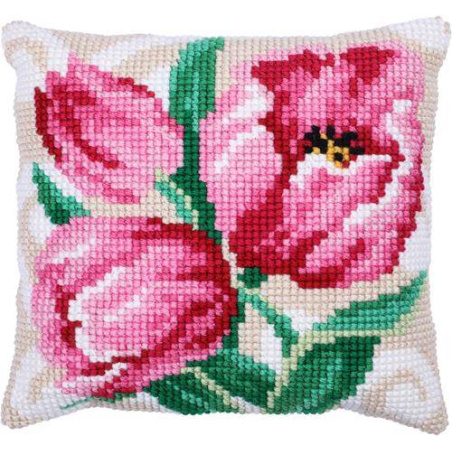 COUSSIN POINT DE CROIX LADYBIRD - TULIPES - 40 X 40 CM