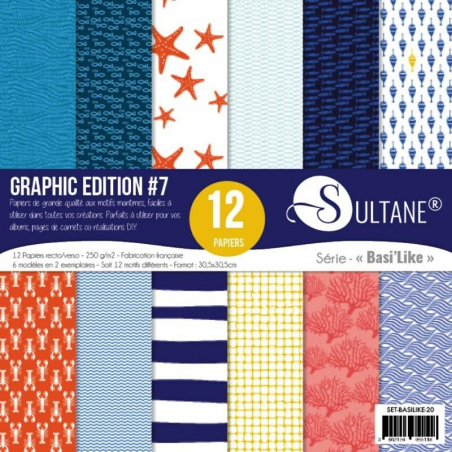 Set 12 papiers scrapbooking - Graphic Edition Numéro7 - 250g/m2