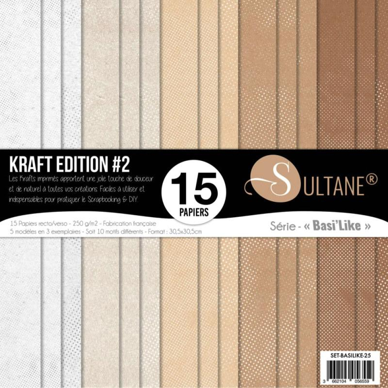 Set de 12 papiers Sultane recto/verso 30,5x30,5 cm - 250 g/m2 - Kraft