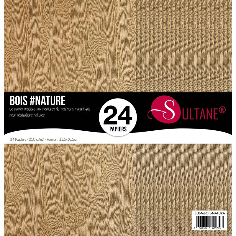 Bloque de 24 papeles de colores naturales con textura de madera.