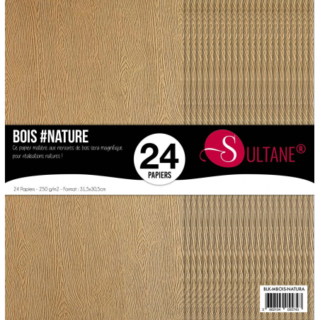 Bloque de 24 papeles de colores naturales con textura de madera.