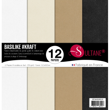 Set de 12 papiers Sultane Authentik Nature - 4 couleurs (Blanc / Sable / Chocolat / Noir)