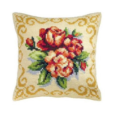 COUSSIN PT DE CROIX EN KIT 40 X 40 CM - BOUQUET DE FLEURS ORANGE