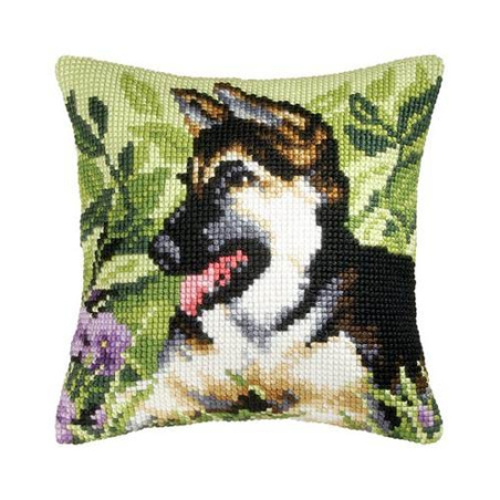 COUSSIN PT DE CROIX EN KIT 40 X 40 CM - CHIEN-LOUP AU JARDIN