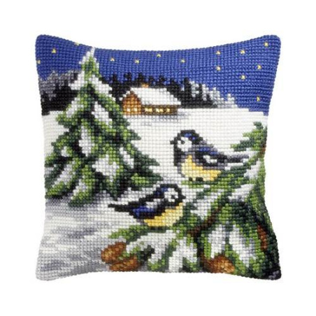 COUSSIN PT DE CROIX EN KIT 40 X 40 CM - DEUX OISEAUX SOUS LA NEIGE