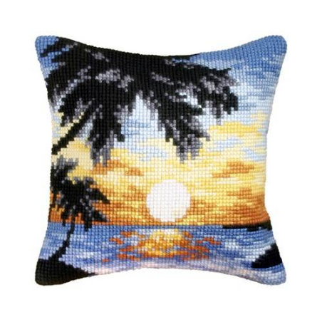 COUSSIN PT DE CROIX EN KIT 40 X 40 CM -COUCHER DE SOLEIL SUR LA PLAGE