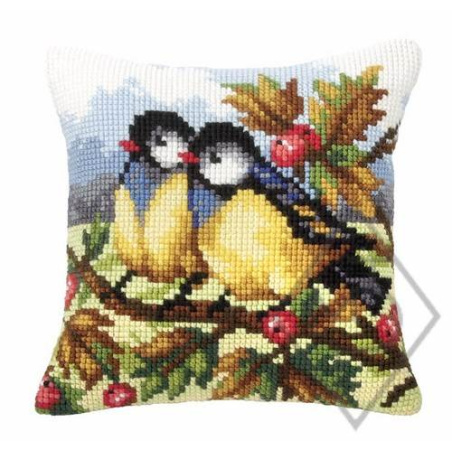 COUSSIN PT DE CROIX EN KIT 40 X 40 CM - DEUX OISEAUX DANS LES ARBRES