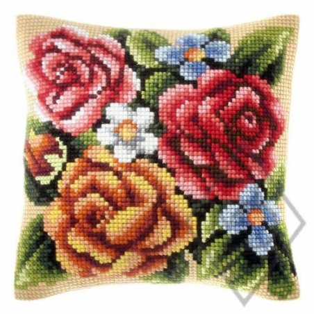 COUSSIN PT DE CROIX EN KIT 40 X 40 CM - DES FLEURS COLORÉES