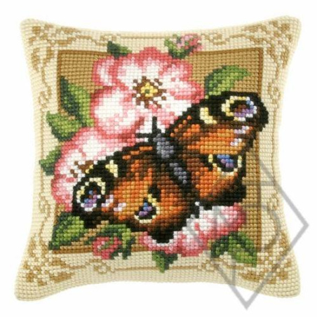 COUSSIN PT DE CROIX EN KIT 40 X 40 CM - UN PAPILLON DANS LES FLEURS