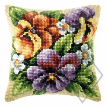 COUSSIN PT DE CROIX EN KIT 40 X 40 CM - PENSÉES JAUNES ET MARGUERITES