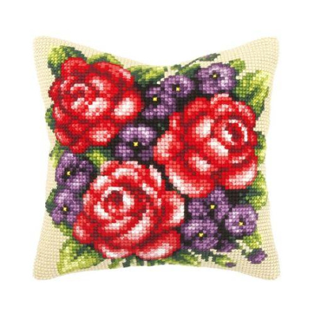 COUSSIN PT DE CROIX EN KIT 40 X 40 CM - ROSES ET PENSÉES