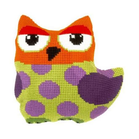 COUSSIN PT DE CROIX EN KIT 43 X 40 CM - HIBOU À POIS