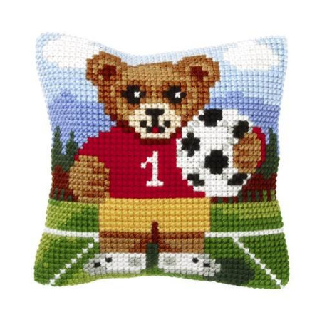 COUSSIN PT DE CROIX EN KIT 25 X 25 CM - UN OURSON AU FOOT