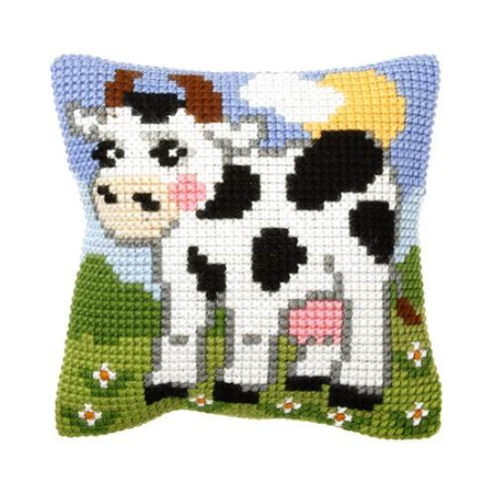 COUSSIN PT DE CROIX EN KIT 25 X 25 CM - VACHE DANS LA PRAIRIE