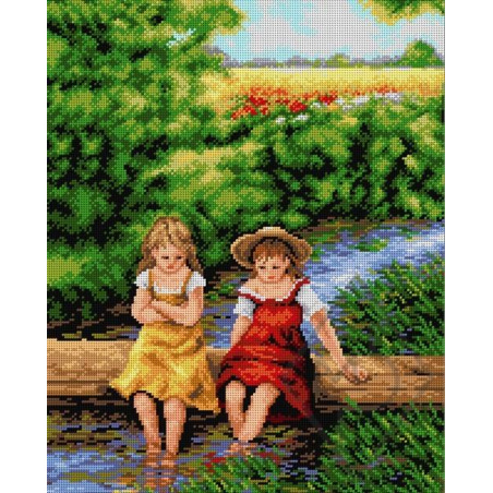 CANEVAS ANTIQUE 40 X 50 CM - LES DEUX PETITES FILLES À LA RIVIÉRE