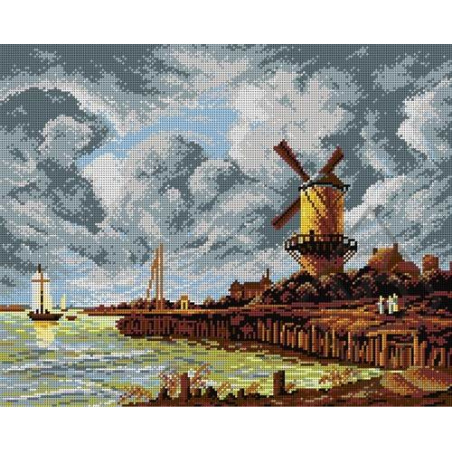 CANEVAS ANTIQUE 40 X 50 CM - MOULIN À VENT EN BORD DE MER