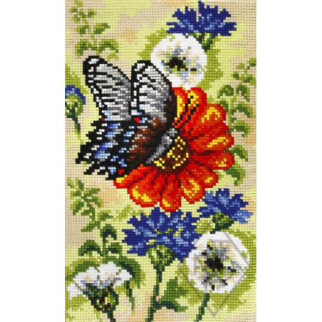 KIT TAPIS SUR CANEVAS IMPRIME 40 X 67 CM - PAPILLON SUR FLEUR ORANGÉE