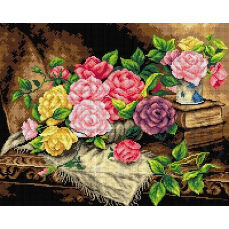 CANEVAS ANTIQUE 40 X 50 CM - COMPOSITION DE ROSE SUR LA TABLE