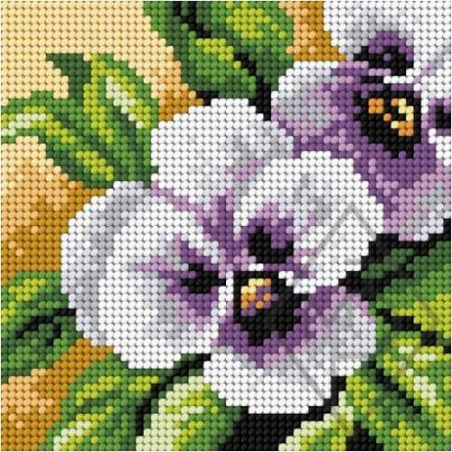 CANEVAS BLANC 15 X 15 CM - PENSÉES VIOLETTES