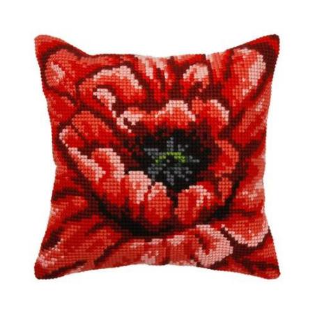 COUSSIN PT DE CROIX EN KIT 40 X 40 CM - COQUELICOT EN GROS PLAN