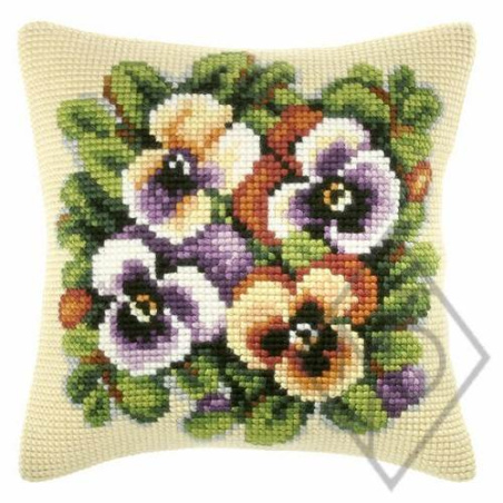 COUSSIN PT DE CROIX EN KIT 40 X 40 CM - PENSÉES JAUNES ET VIOLETTES