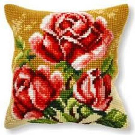 COUSSIN PT DE CROIX EN KIT 40 X 40 CM - TROIS ROSES ROUGES