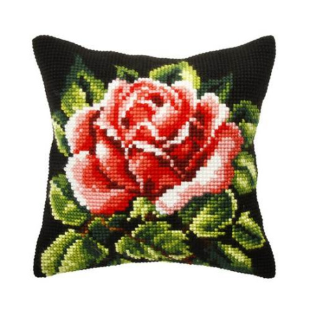 COUSSIN PT DE CROIX EN KIT 40 X 40 CM - LA ROSE SUR FOND NOIR