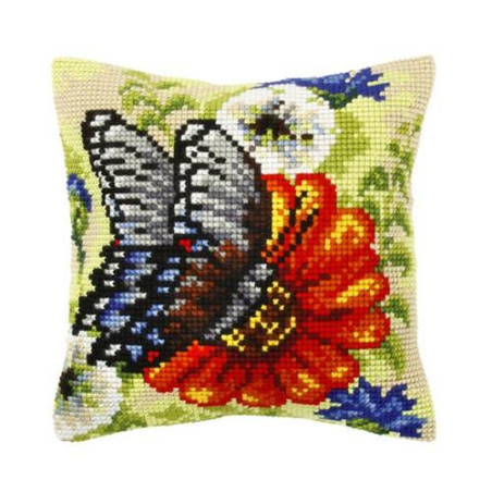 COUSSIN PT DE CROIX EN KIT 40 X 40 CM - LE PAPILLON SUR FLEUR ORANGE