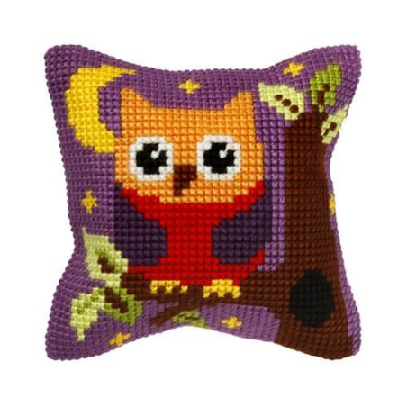 COUSSIN PT DE CROIX EN KIT 25 X 25 CM - HIBOU SUR UNE BRANCHE