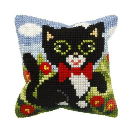 COUSSIN PT DE CROIX EN KIT 25 X 25 CM - CHATON NOIR