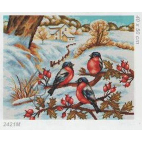 CANEVAS ANTIQUE 40 X 50 CM - TROIS MESANGES DANS LE NEIGE