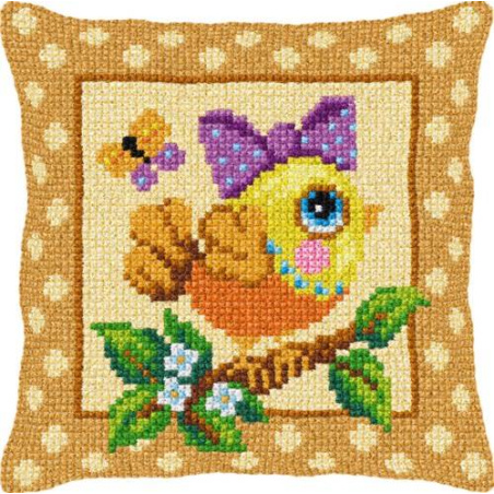 COUSSIN PT DE CROIX EN KIT 40 X 40 CM - PETIT OISEAU AVEC UN NOEUD