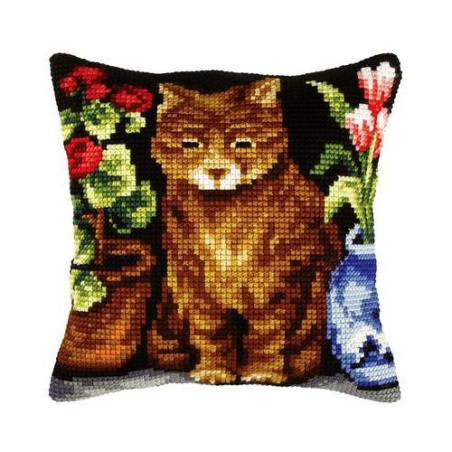 COUSSIN PT DE CROIX EN KIT 40 X 40 CM - CHAT ROUX