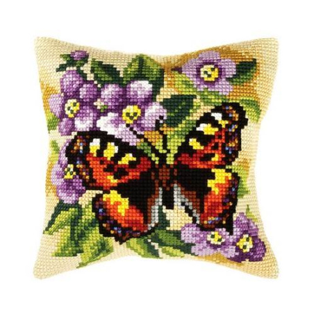 COUSSIN PT DE CROIX EN KIT 40 X 40 CM - PAPILLONS SUR FLEURS VIOLETTE