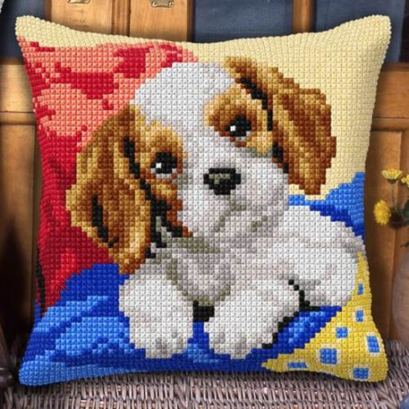 COUSSIN PT DE CROIX EN KIT 40 X 40 CM - PETIT CHIOT SUR COUSSIN BLEU