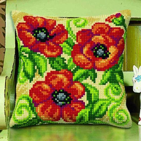 COUSSIN PT DE CROIX EN KIT 40 X 40 CM - TROIS COQUELICOTS