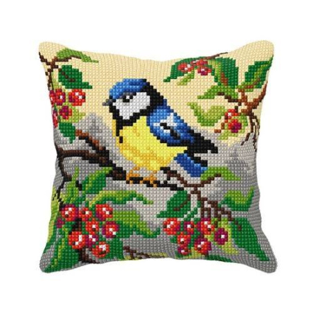 COUSSIN PT DE CROIX EN KIT 40 X 40 CM - MÉSANGE SUR LA BRANCHE