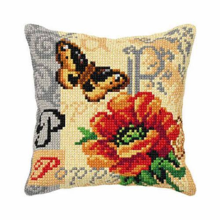 COUSSIN PT DE CROIX EN KIT 40 X 40 CM - COQUELICOT ET PAPILLON