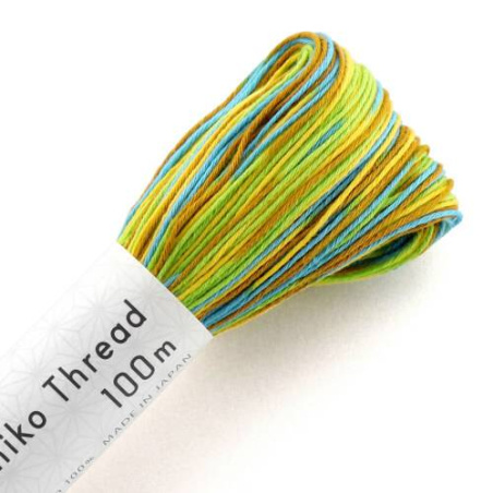 FIL SASHIKO MULTICOLORE -COL 171- JAUNE/VERT - LOT DE 3 ECH. DE 100 M