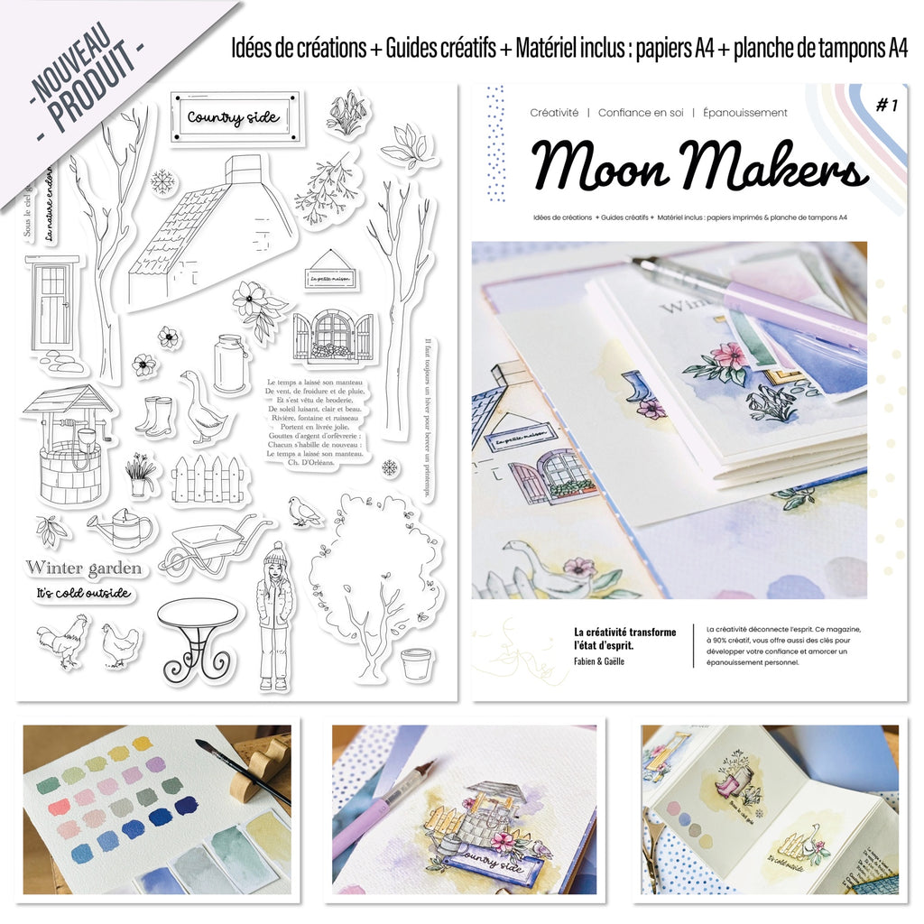 Idées de créations + Guides créatifs + Matériel inclus : papiers A4 + planche de tampons A4