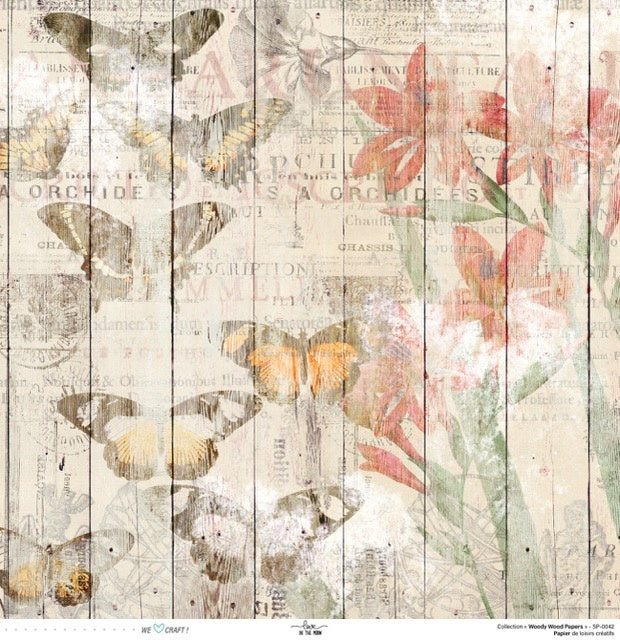 Set 12 papiers Woody Wood Flowers - 6 papiers 30,5x31,5 cm + 6 papiers 12x30,5cm