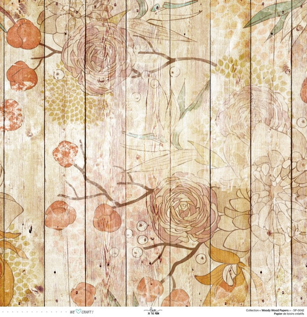 Set 12 papiers Woody Wood Flowers - 6 papiers 30,5x31,5 cm + 6 papiers 12x30,5cm