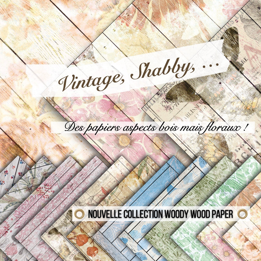 Set 12 papiers Woody Wood Flowers - 6 papiers 30,5x31,5 cm + 6 papiers 12x30,5cm