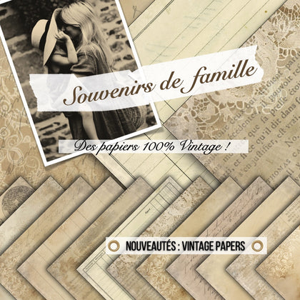 Set 12 papiers Vintage Papers - 6 papiers 30,5x31,5 cm + 6 papiers 12x30,5cm