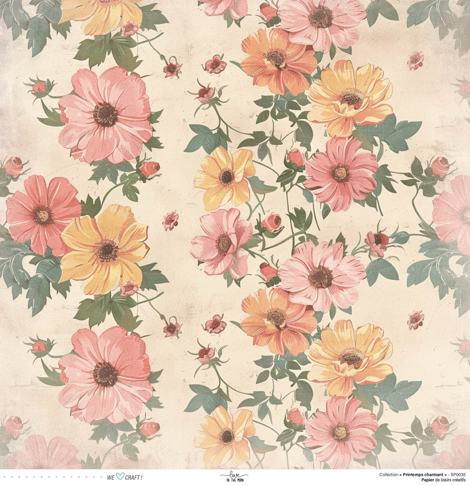 Set 12 Papiers Scrapbooking - Printemps Charmant - 6 papiers 30,5x31,5 cm + 6 papiers 12x30,5cm