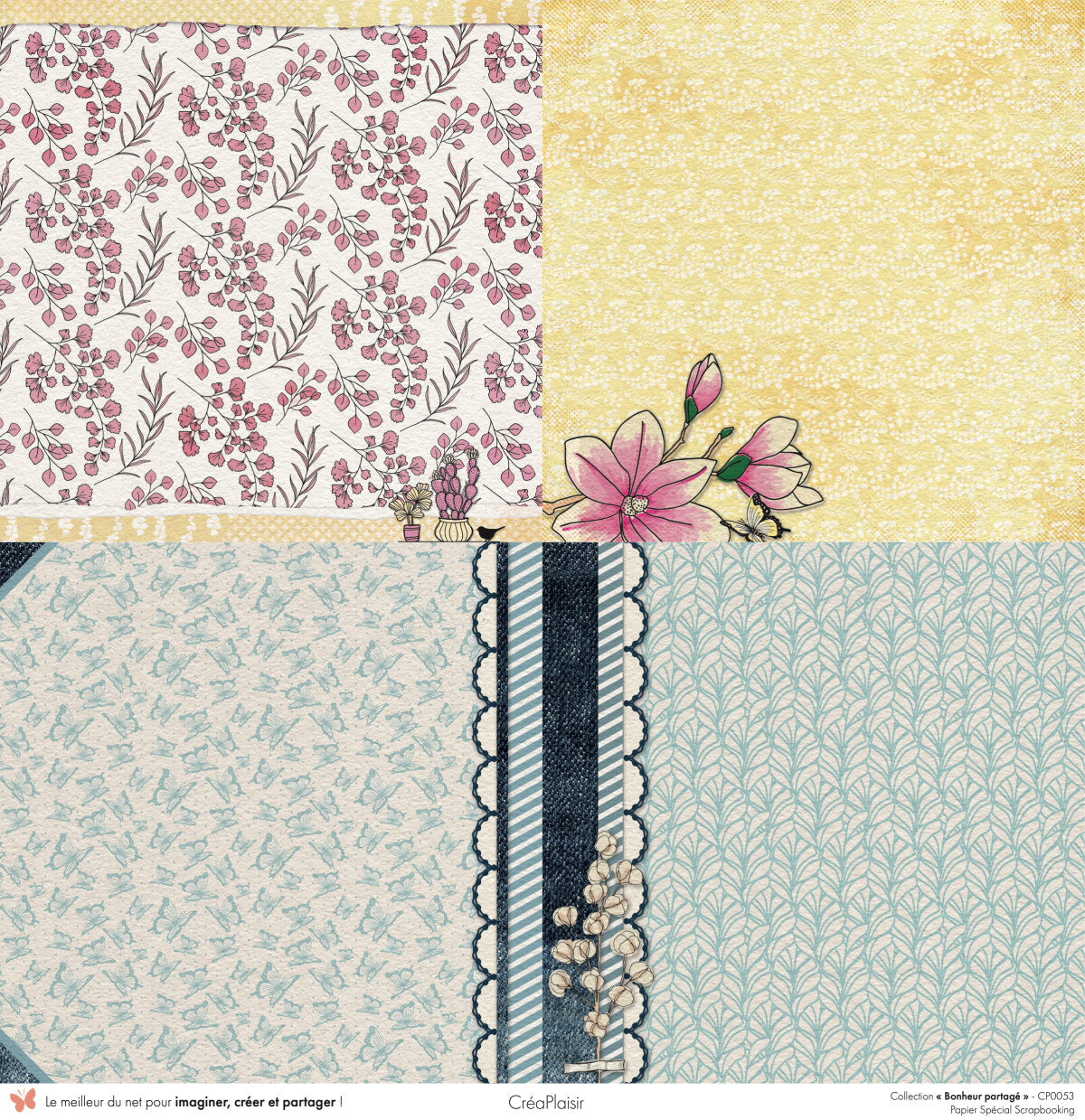 Set 12 papiers Bonheur Partagé - 6 papiers 30,5x31,5 cm + 6 papiers 12x30,5cm