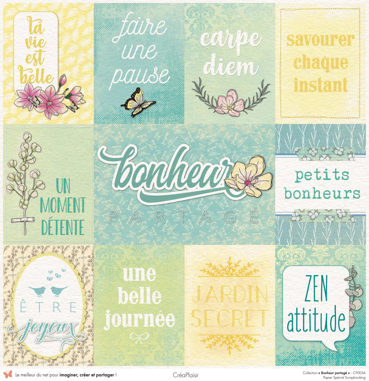 Set 12 papiers Bonheur Partagé - 6 papiers 30,5x31,5 cm + 6 papiers 12x30,5cm