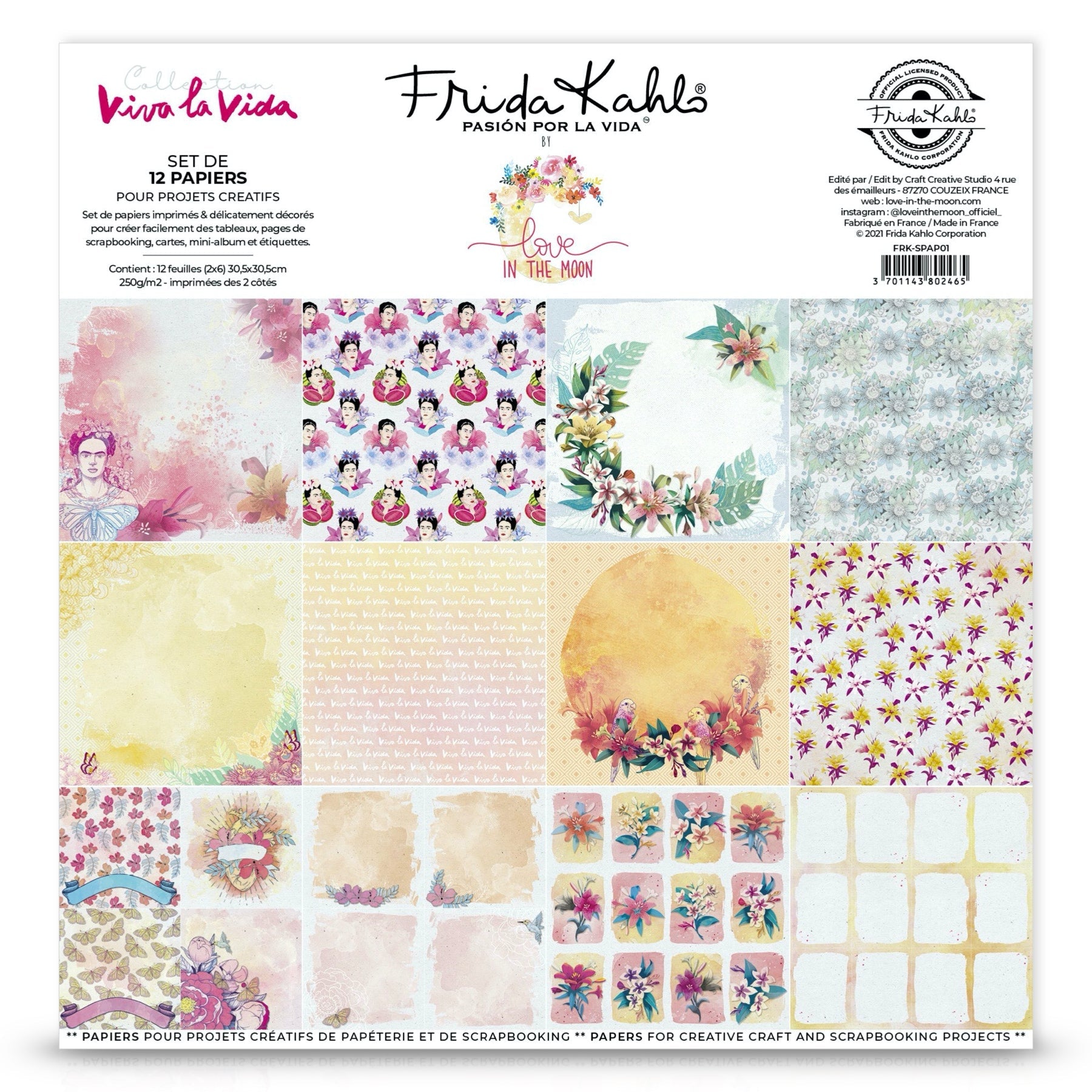 Set de 12 papiers de scrapbooking "Viva la Vida" Frida Kahlo
