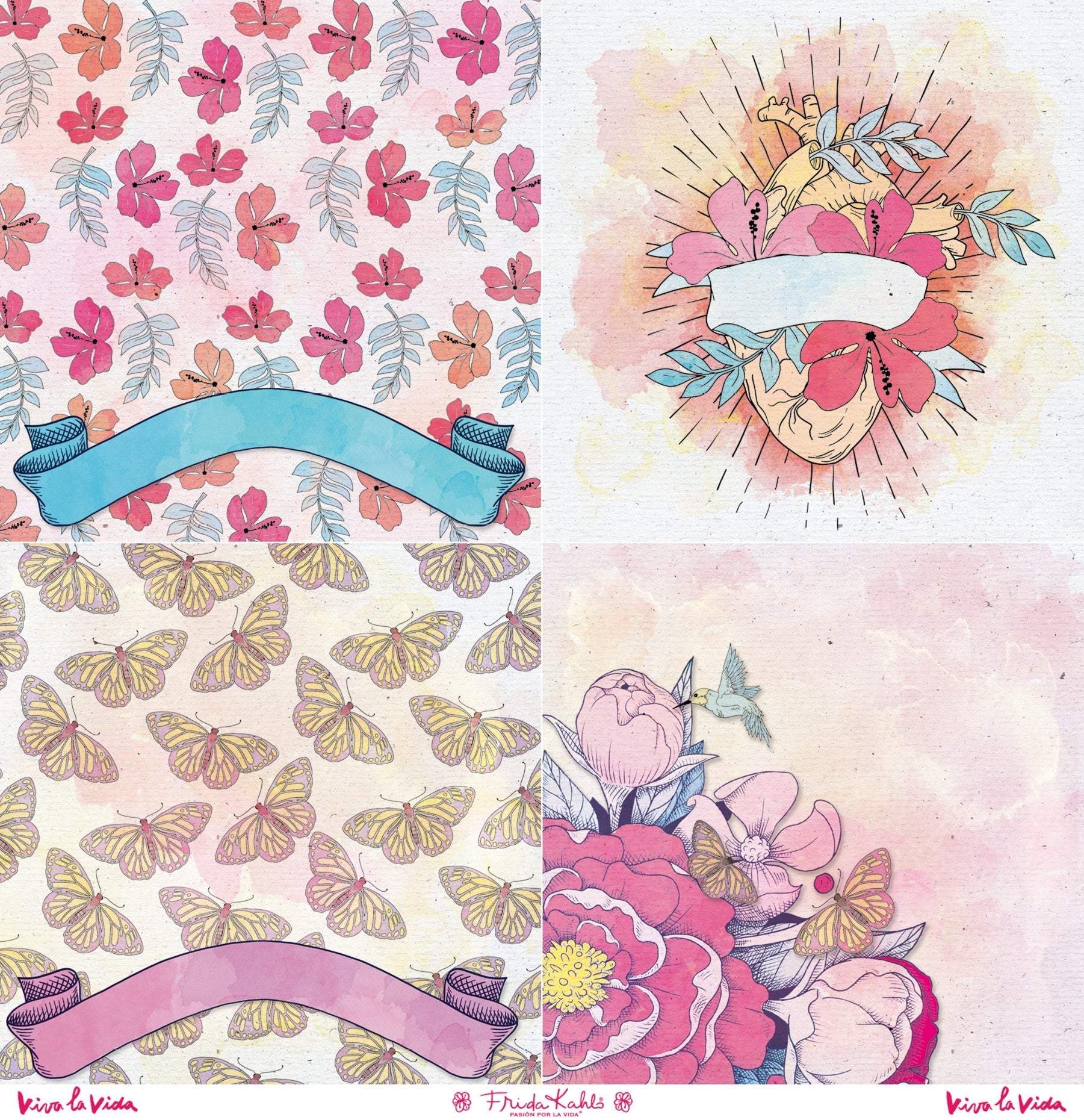 Set de 12 papiers de scrapbooking "Viva la Vida" Frida Kahlo