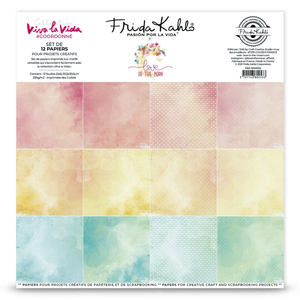 Set de 12 papiers collection Frida Kahlo® coordonnés Viva la Vida -scrapbooking